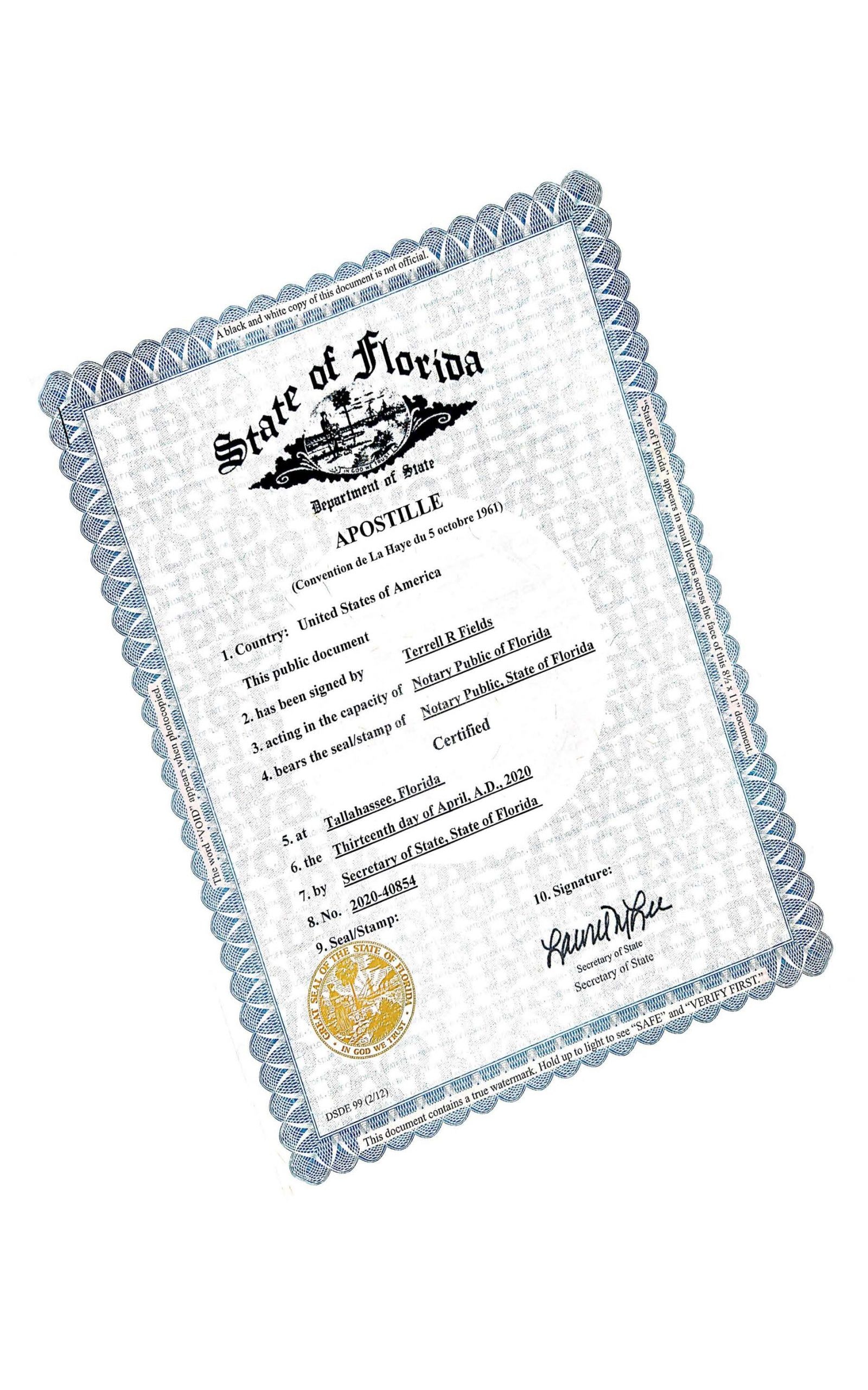 Certificado de Apostilla de Florida - documento oficial